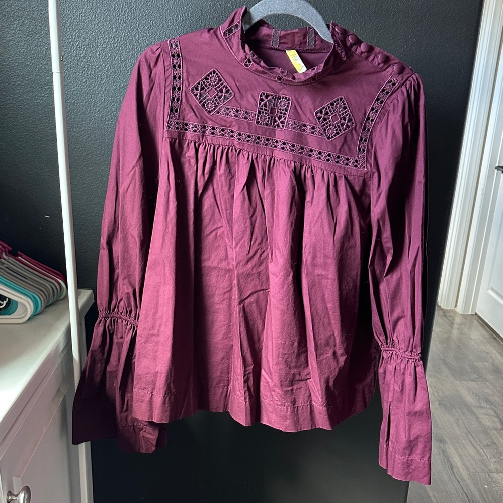 Free People Burgundy Blouse with Lace Details